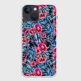 Чехол для iPhone 13 mini с принтом Тропические цветы в Тюмени,  |  | летний | розовый | синий | тропический узор | цветочный узор | цветы | экзотические цветы