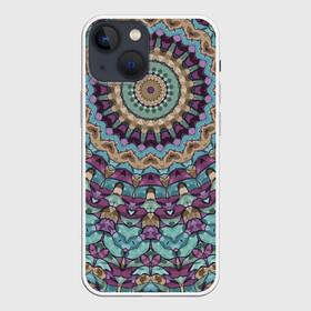 Чехол для iPhone 13 mini с принтом Сиренево голубой калейдоскоп . в Тюмени,  |  | бирюзовый | женский | калейдоскоп | круг | орнамент | синий | фиолетовый | этнический