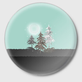 Значок с принтом Лес. Мозаичный узор  в Тюмени,  металл | круглая форма, металлическая застежка в виде булавки | бирюзовый | елка | ель | зима | картина | лес | луна горы | мозаика | новогодний | холмы