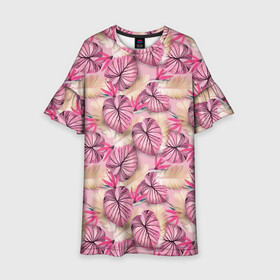 Детское платье 3D с принтом Розовый тропический узор в Тюмени, 100% полиэстер | прямой силуэт, чуть расширенный к низу. Круглая горловина, на рукавах — воланы | бежевый | листья | пальмовые листья | розовые цветы | розовый | тропические цветы | цветочный