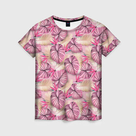 Женская футболка 3D с принтом Розовый тропический узор в Тюмени, 100% полиэфир ( синтетическое хлопкоподобное полотно) | прямой крой, круглый вырез горловины, длина до линии бедер | бежевый | листья | пальмовые листья | розовые цветы | розовый | тропические цветы | цветочный