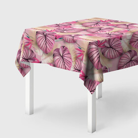 Скатерть 3D с принтом Розовый тропический узор в Тюмени, 100% полиэстер (ткань не мнется и не растягивается) | Размер: 150*150 см | бежевый | листья | пальмовые листья | розовые цветы | розовый | тропические цветы | цветочный