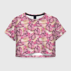 Женская футболка Crop-top 3D с принтом Розовый тропический узор в Тюмени, 100% полиэстер | круглая горловина, длина футболки до линии талии, рукава с отворотами | бежевый | листья | пальмовые листья | розовые цветы | розовый | тропические цветы | цветочный