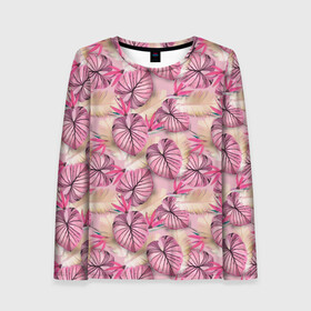 Женский лонгслив 3D с принтом Розовый тропический узор в Тюмени, 100% полиэстер | длинные рукава, круглый вырез горловины, полуприлегающий силуэт | бежевый | листья | пальмовые листья | розовые цветы | розовый | тропические цветы | цветочный