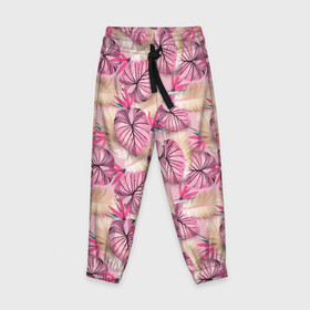 Детские брюки 3D с принтом Розовый тропический узор в Тюмени, 100% полиэстер | манжеты по низу, эластичный пояс регулируется шнурком, по бокам два кармана без застежек, внутренняя часть кармана из мелкой сетки | бежевый | листья | пальмовые листья | розовые цветы | розовый | тропические цветы | цветочный