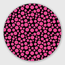 Коврик для мышки круглый с принтом Темно-розовый горох на черном  в Тюмени, резина и полиэстер | круглая форма, изображение наносится на всю лицевую часть | Тематика изображения на принте: в горошек | горох | малиновый | ретро | розовый горох | розовый и черный | черный