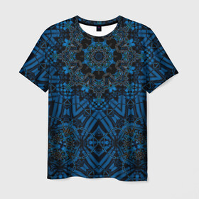 Мужская футболка 3D с принтом Черно-синяя мандала .  в Тюмени, 100% полиэфир | прямой крой, круглый вырез горловины, длина до линии бедер | Тематика изображения на принте: калейдоскоп | круглый | модный | орнамент | синий | современный | темно синий | этнический