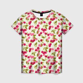 Женская футболка 3D с принтом Спелая вишня  в Тюмени, 100% полиэфир ( синтетическое хлопкоподобное полотно) | прямой крой, круглый вырез горловины, длина до линии бедер | вишня | детский | красные ягоды | летний узор | лето | малышам | ретро | сад | ягоды
