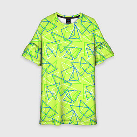 Детское платье 3D с принтом Абстрактный неоновый зеленый в Тюмени, 100% полиэстер | прямой силуэт, чуть расширенный к низу. Круглая горловина, на рукавах — воланы | абстрактный | геометрический | детский | зеленый | летний | неоновый | ретро | треугольники