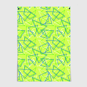 Постер с принтом Абстрактный неоновый зеленый в Тюмени, 100% бумага
 | бумага, плотность 150 мг. Матовая, но за счет высокого коэффициента гладкости имеет небольшой блеск и дает на свету блики, но в отличии от глянцевой бумаги не покрыта лаком | абстрактный | геометрический | детский | зеленый | летний | неоновый | ретро | треугольники