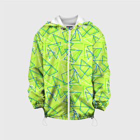 Детская куртка 3D с принтом Абстрактный неоновый зеленый в Тюмени, 100% полиэстер | застежка — молния, подол и капюшон оформлены резинкой с фиксаторами, по бокам — два кармана без застежек, один потайной карман на груди, плотность верхнего слоя — 90 г/м2; плотность флисового подклада — 260 г/м2 | Тематика изображения на принте: абстрактный | геометрический | детский | зеленый | летний | неоновый | ретро | треугольники