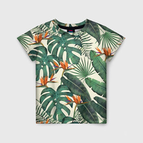 Детская футболка 3D с принтом Тропический паттерн в Тюмени, 100% гипоаллергенный полиэфир | прямой крой, круглый вырез горловины, длина до линии бедер, чуть спущенное плечо, ткань немного тянется | азия | акварель | акварельный | банановые листья | ботанический | винтажный | зеленый | иллюстрация | лес | летний | лето | монстера | оранжевый | отпуск | пальмовые листья | стрелиция | тропики