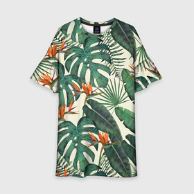 Детское платье 3D с принтом Тропический паттерн в Тюмени, 100% полиэстер | прямой силуэт, чуть расширенный к низу. Круглая горловина, на рукавах — воланы | азия | акварель | акварельный | банановые листья | ботанический | винтажный | зеленый | иллюстрация | лес | летний | лето | монстера | оранжевый | отпуск | пальмовые листья | стрелиция | тропики