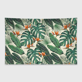 Флаг-баннер с принтом Тропический паттерн в Тюмени, 100% полиэстер | размер 67 х 109 см, плотность ткани — 95 г/м2; по краям флага есть четыре люверса для крепления | азия | акварель | акварельный | банановые листья | ботанический | винтажный | зеленый | иллюстрация | лес | летний | лето | монстера | оранжевый | отпуск | пальмовые листья | стрелиция | тропики