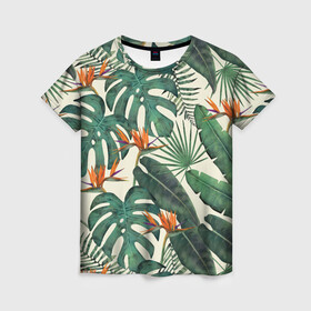Женская футболка 3D с принтом Тропический паттерн в Тюмени, 100% полиэфир ( синтетическое хлопкоподобное полотно) | прямой крой, круглый вырез горловины, длина до линии бедер | азия | акварель | акварельный | банановые листья | ботанический | винтажный | зеленый | иллюстрация | лес | летний | лето | монстера | оранжевый | отпуск | пальмовые листья | стрелиция | тропики