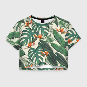 Женская футболка Crop-top 3D с принтом Тропический паттерн в Тюмени, 100% полиэстер | круглая горловина, длина футболки до линии талии, рукава с отворотами | азия | акварель | акварельный | банановые листья | ботанический | винтажный | зеленый | иллюстрация | лес | летний | лето | монстера | оранжевый | отпуск | пальмовые листья | стрелиция | тропики