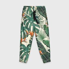 Детские брюки 3D с принтом Тропический паттерн в Тюмени, 100% полиэстер | манжеты по низу, эластичный пояс регулируется шнурком, по бокам два кармана без застежек, внутренняя часть кармана из мелкой сетки | азия | акварель | акварельный | банановые листья | ботанический | винтажный | зеленый | иллюстрация | лес | летний | лето | монстера | оранжевый | отпуск | пальмовые листья | стрелиция | тропики