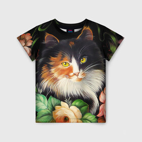 Детская футболка 3D с принтом Трёхцветная кошка в Тюмени, 100% гипоаллергенный полиэфир | прямой крой, круглый вырез горловины, длина до линии бедер, чуть спущенное плечо, ткань немного тянется | декоративная роспись | живопись | жостовская роспись | кошка | кошка трехцветная | цветы