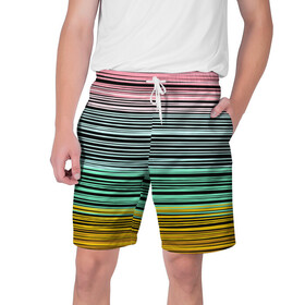 Мужские шорты 3D с принтом Модный полосатый узор  в Тюмени,  полиэстер 100% | прямой крой, два кармана без застежек по бокам. Мягкая трикотажная резинка на поясе, внутри которой широкие завязки. Длина чуть выше колен | желтый | модный | молодежный | разноцветные линии | разноцветный полосатый | розовый | салатовый | современный