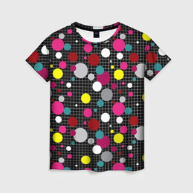 Женская футболка 3D с принтом Разноцветный горох на черном  в Тюмени, 100% полиэфир ( синтетическое хлопкоподобное полотно) | прямой крой, круглый вырез горловины, длина до линии бедер | Тематика изображения на принте: в горох | детский | для детей | желтый горох | клетка | красный | малышам | мальчиковый узор | разноцветный горох | темный | черный