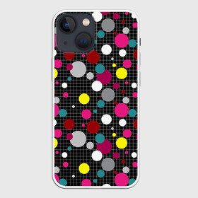 Чехол для iPhone 13 mini с принтом Разноцветный горох на черном в Тюмени,  |  | в горох | детский | для детей | желтый горох | клетка | красный | малышам | мальчиковый узор | разноцветный горох | темный | черный