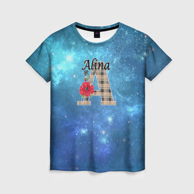 Женская футболка 3D с принтом Монограмма Алина в Тюмени, 100% полиэфир ( синтетическое хлопкоподобное полотно) | прямой крой, круглый вырез горловины, длина до линии бедер | буква а | детский | красные цветы | молодежный | монограмма | синий | цветы