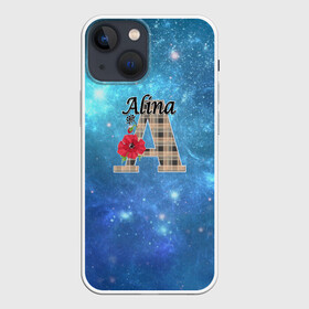 Чехол для iPhone 13 mini с принтом Монограмма Алина в Тюмени,  |  | Тематика изображения на принте: буква а | детский | красные цветы | молодежный | монограмма | синий | цветы