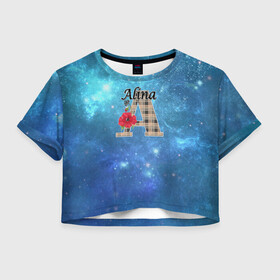 Женская футболка Crop-top 3D с принтом Монограмма Алина в Тюмени, 100% полиэстер | круглая горловина, длина футболки до линии талии, рукава с отворотами | буква а | детский | красные цветы | молодежный | монограмма | синий | цветы