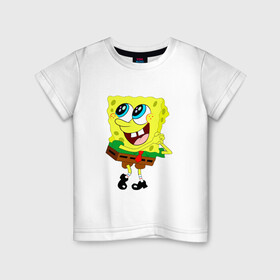 Детская футболка хлопок с принтом Спанч Боб Мило улыбается! в Тюмени, 100% хлопок | круглый вырез горловины, полуприлегающий силуэт, длина до линии бедер | губка | любовь. | мульт | настроение | позитив | танец | улыбка