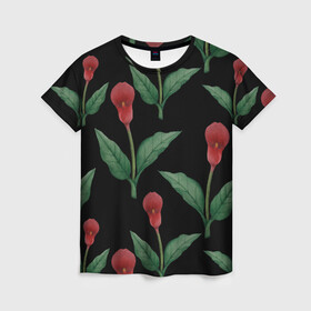 Женская футболка 3D с принтом Красные каллы на черном в Тюмени, 100% полиэфир ( синтетическое хлопкоподобное полотно) | прямой крой, круглый вырез горловины, длина до линии бедер | 8 марта | flowers | march 8 | spring | ботаническая иллюстрация | весна | день рождения | зеленый | каллы | красный | лето | любовь | праздник | принт | природа | растения | цветы | черный