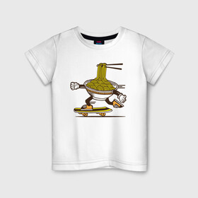 Детская футболка хлопок с принтом Лапша на скейте в Тюмени, 100% хлопок | круглый вырез горловины, полуприлегающий силуэт, длина до линии бедер | Тематика изображения на принте: вермишель | лапша | макароны | паста | скейт | спорт