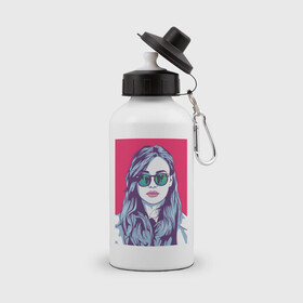 Бутылка спортивная с принтом Девушка в Тюмени, металл | емкость — 500 мл, в комплекте две пластиковые крышки и карабин для крепления | девушка | красный фон | очки | поп арт | портрет