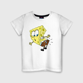 Детская футболка хлопок с принтом спанч Боб в Тюмени, 100% хлопок | круглый вырез горловины, полуприлегающий силуэт, длина до линии бедер | губка боб | дыра | мультсериал | спанч боб | штаны порвались | юмор