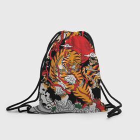 Рюкзак-мешок 3D с принтом Самурайский тигр в Тюмени, 100% полиэстер | плотность ткани — 200 г/м2, размер — 35 х 45 см; лямки — толстые шнурки, застежка на шнуровке, без карманов и подкладки | воин | год тигра | закат | крупная кошка | полосы | тигр | тигриная лапа | хищник