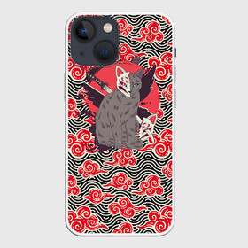 Чехол для iPhone 13 mini с принтом Бакэнэко в Тюмени,  |  | бакэнэко | кошка | маска | облака | оборотень | фольклор | япония