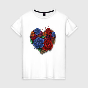 Женская футболка хлопок с принтом Цветочное сердце в Тюмени, 100% хлопок | прямой крой, круглый вырез горловины, длина до линии бедер, слегка спущенное плечо | colorful | love | иллюстрация | роза | цветок | цветы