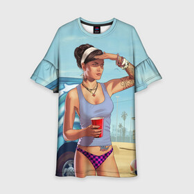 Детское платье 3D с принтом girl with coffee в Тюмени, 100% полиэстер | прямой силуэт, чуть расширенный к низу. Круглая горловина, на рукавах — воланы | art | beach | car | game | grand theft auto v | gta 5 | gta online | sand | sky | арт | гта 5 | гта онлайн | игра | машина | небо | песок | пляж