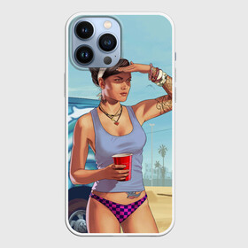 Чехол для iPhone 13 Pro Max с принтом girl with coffee в Тюмени,  |  | art | beach | car | game | grand theft auto v | gta 5 | gta online | sand | sky | арт | гта 5 | гта онлайн | игра | машина | небо | песок | пляж