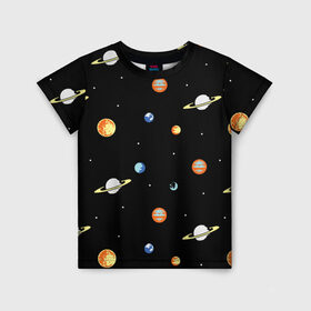 Детская футболка 3D с принтом Планеты в космосе в Тюмени, 100% гипоаллергенный полиэфир | прямой крой, круглый вырез горловины, длина до линии бедер, чуть спущенное плечо, ткань немного тянется | венера | звезды | земля | иллюстрация | космос | паттерн | планеты | рисунок | сатурн | черный | юпитер