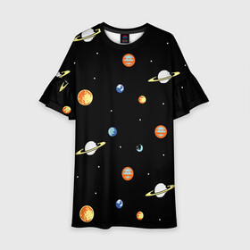 Детское платье 3D с принтом Планеты в космосе в Тюмени, 100% полиэстер | прямой силуэт, чуть расширенный к низу. Круглая горловина, на рукавах — воланы | Тематика изображения на принте: венера | звезды | земля | иллюстрация | космос | паттерн | планеты | рисунок | сатурн | черный | юпитер
