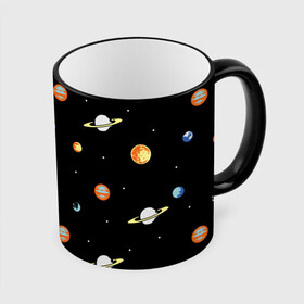 Кружка с полной запечаткой с принтом Планеты в космосе в Тюмени, керамика | ёмкость 330 мл | венера | звезды | земля | иллюстрация | космос | паттерн | планеты | рисунок | сатурн | черный | юпитер