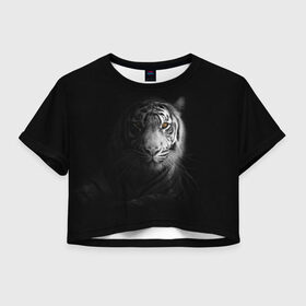 Женская футболка Crop-top 3D с принтом БЕЛЫЙ ТИГР в Тюмени, 100% полиэстер | круглая горловина, длина футболки до линии талии, рукава с отворотами | animal | art | beast | cat | hunter | picture | power | strong | tiger | white | белый | благородный | гордый | дикие | животные | звери | кошки | охотник | тигр | хищник | царь