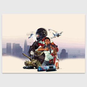 Поздравительная открытка с принтом Grand Theft Auto V в Тюмени, 100% бумага | плотность бумаги 280 г/м2, матовая, на обратной стороне линовка и место для марки
 | art | cars | city | game | girl | gta 5 | gta online | helicopter | los santos | mask | people | plane | police | tank | weapons | арт | вертолет | город | гта 5 | гта онлайн | девушка | игра | лос сантос | люди | маска | машины | оружие | самол