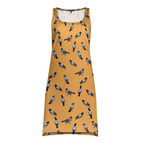 Платье-майка 3D с принтом Голуби паттерн на желтом в Тюмени, 100% полиэстер | полуприлегающий силуэт, широкие бретели, круглый вырез горловины, удлиненный подол сзади. | голуби | голубь | домашние голуби | желтый | иллюстрация | паттерн | птица | птицы