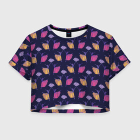 Женская футболка Crop-top 3D с принтом Балерины в танце в Тюмени, 100% полиэстер | круглая горловина, длина футболки до линии талии, рукава с отворотами | балерина | балет | неоновый | паттерн | танец | танцовщицы | фиолетовый