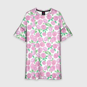Детское платье 3D с принтом Розовые акварельные розы в Тюмени, 100% полиэстер | прямой силуэт, чуть расширенный к низу. Круглая горловина, на рукавах — воланы | акварель | акварельные цветы | детский | для женщин | модный | розовый | розы | цветы