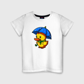 Детская футболка хлопок с принтом Утенок под зонтом в Тюмени, 100% хлопок | круглый вырез горловины, полуприлегающий силуэт, длина до линии бедер | duck | дождь | зонт | милота | птица | утенок | утка | утка в шарфе