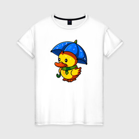 Женская футболка хлопок с принтом Утенок под зонтом в Тюмени, 100% хлопок | прямой крой, круглый вырез горловины, длина до линии бедер, слегка спущенное плечо | duck | дождь | зонт | милота | птица | утенок | утка | утка в шарфе