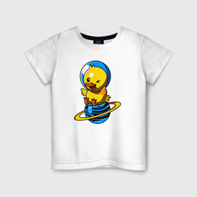 Детская футболка хлопок с принтом Утенок-космонавт в Тюмени, 100% хлопок | круглый вырез горловины, полуприлегающий силуэт, длина до линии бедер | космонавт | космос | планета | птица | скафандр | утенок | утка