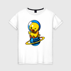 Женская футболка хлопок с принтом Утенок-космонавт в Тюмени, 100% хлопок | прямой крой, круглый вырез горловины, длина до линии бедер, слегка спущенное плечо | космонавт | космос | планета | птица | скафандр | утенок | утка